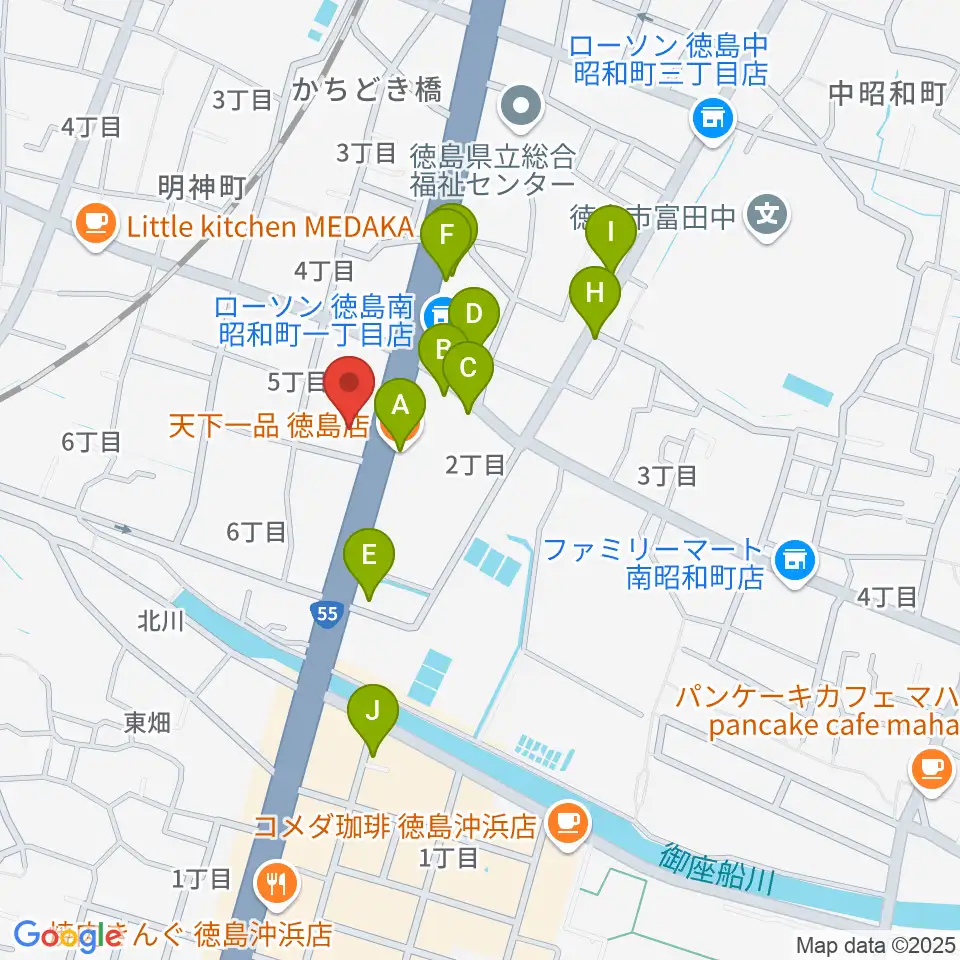 ゲオ徳島南昭和店周辺のファミレス・ファーストフード一覧地図