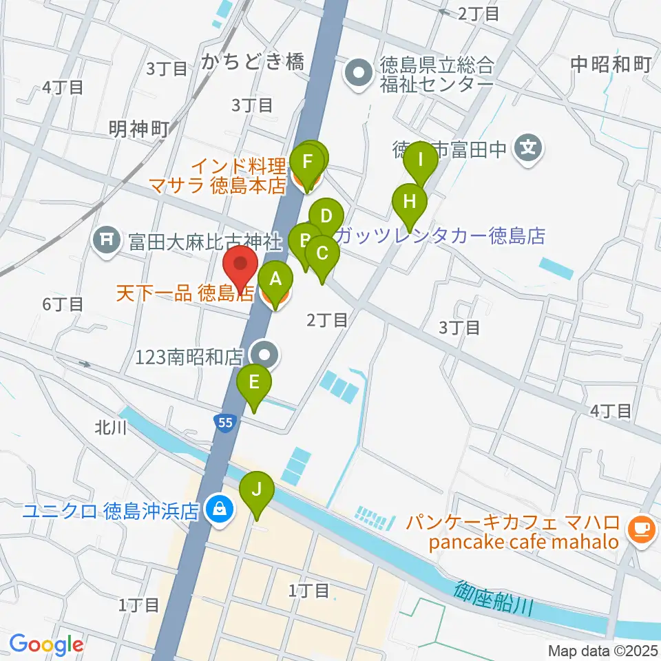 ゲオ徳島南昭和店周辺のファミレス・ファーストフード一覧地図