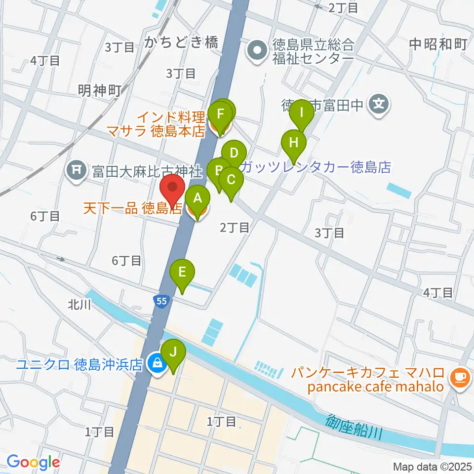 ゲオ徳島南昭和店周辺のファミレス・ファーストフード一覧地図