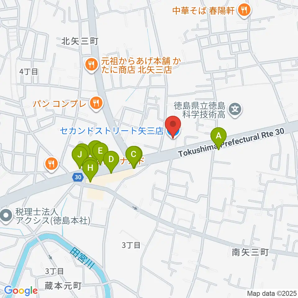 ゲオ徳島矢三店周辺のファミレス・ファーストフード一覧地図