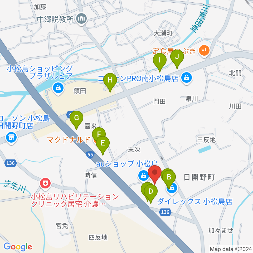 平惣ゲオ小松島店周辺のファミレス・ファーストフード一覧地図