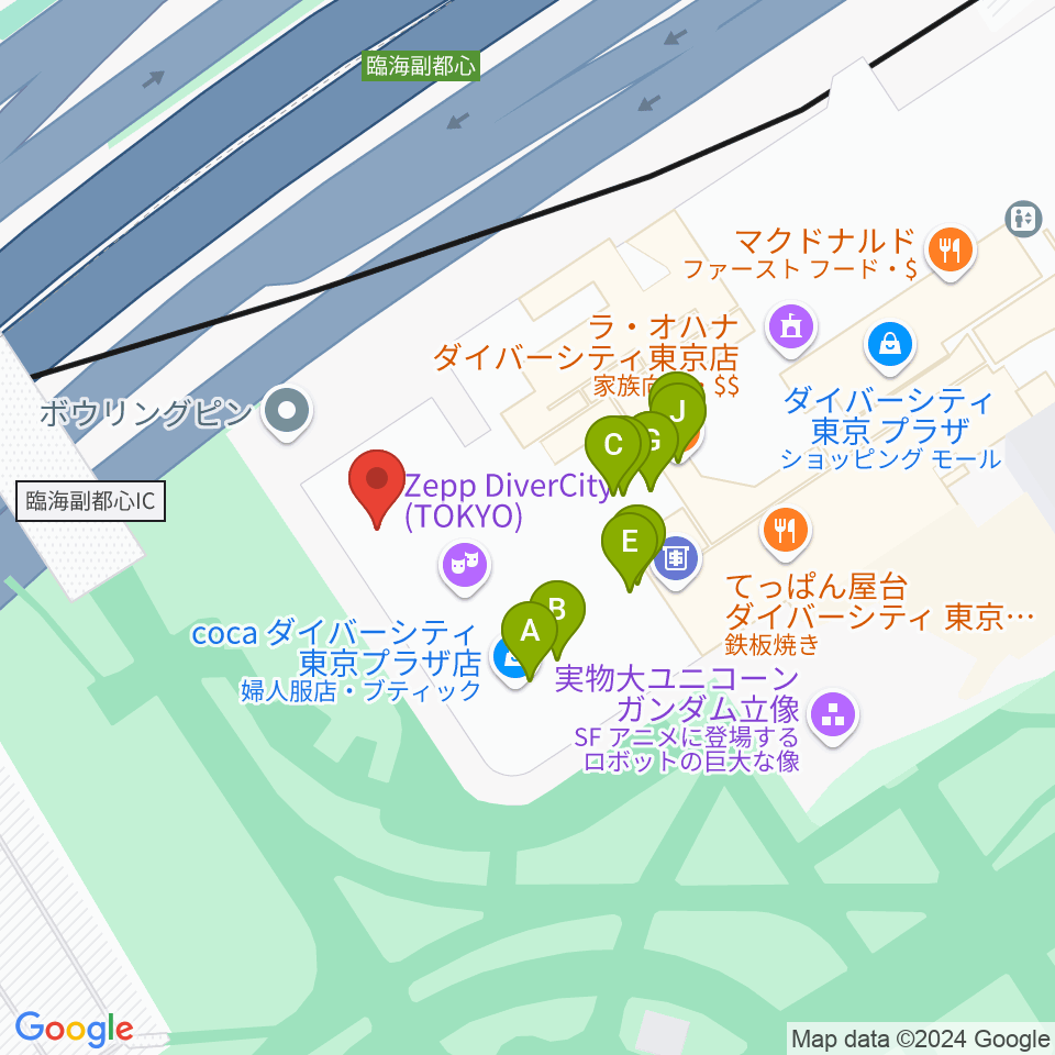 TOWERminiダイバーシティ東京 プラザ店周辺のファミレス・ファーストフード一覧地図