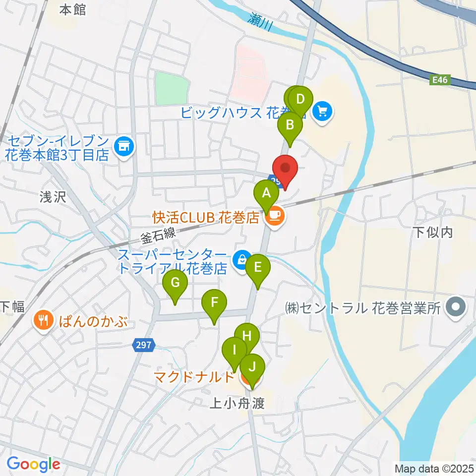ゲオ花巻店周辺のファミレス・ファーストフード一覧地図