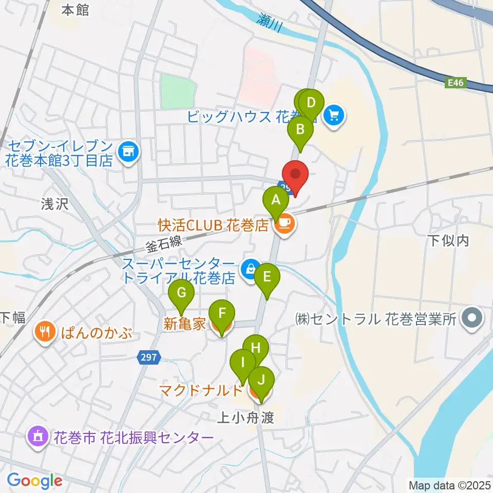 ゲオ花巻店周辺のファミレス・ファーストフード一覧地図