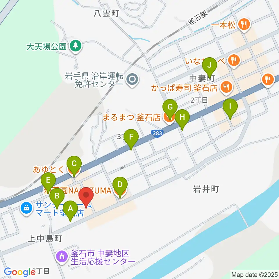 ゲオ釜石店周辺のファミレス・ファーストフード一覧地図