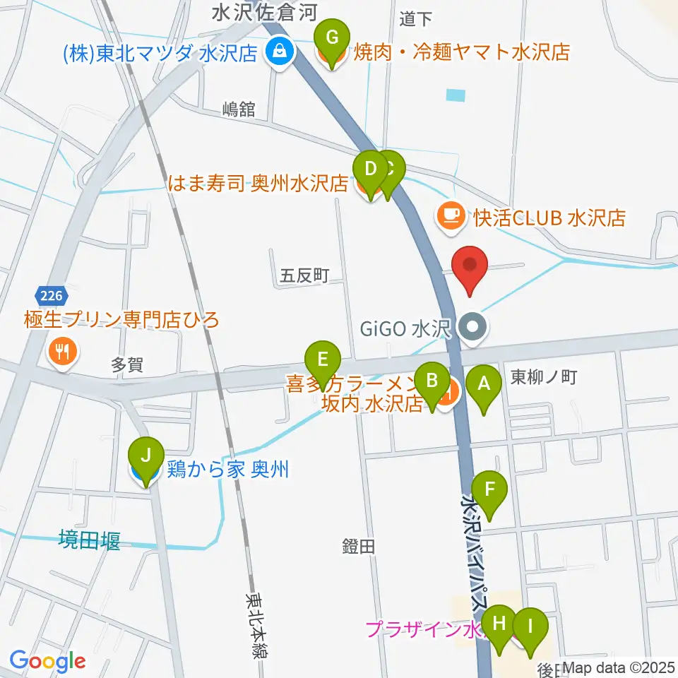 ゲオ奥州水沢佐倉河店周辺のファミレス・ファーストフード一覧地図