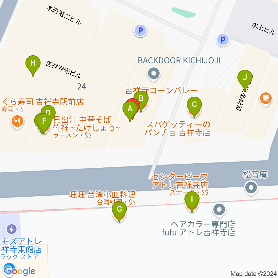 吉祥寺ブラック＆ブルー周辺のファミレス・ファーストフード一覧地図