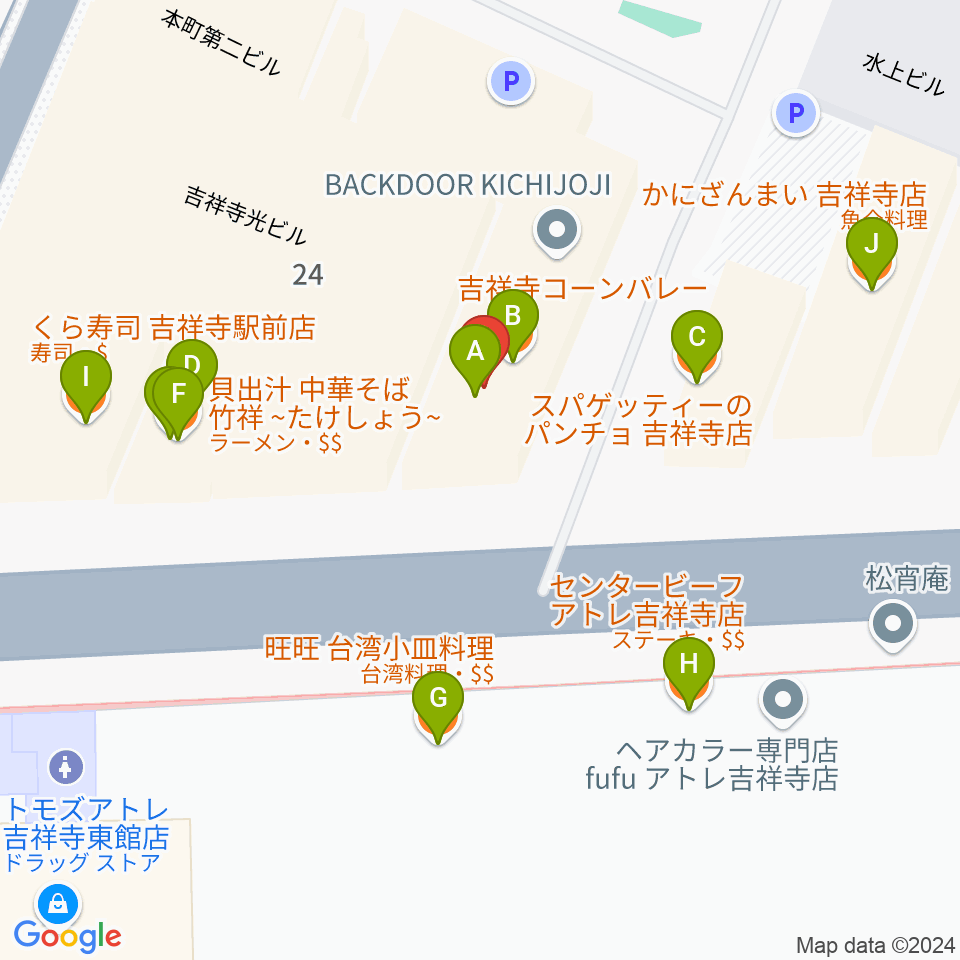 吉祥寺ブラック＆ブルー周辺のファミレス・ファーストフード一覧地図