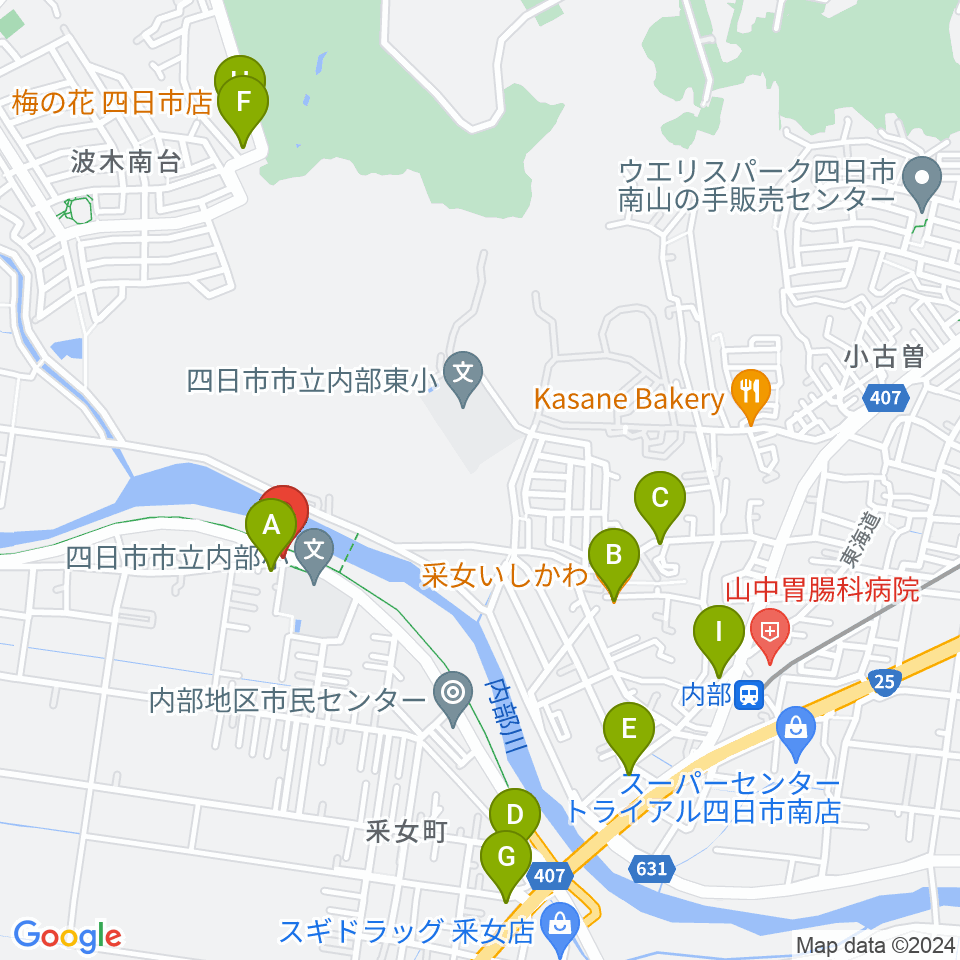 四日市ガリバー周辺のファミレス・ファーストフード一覧地図