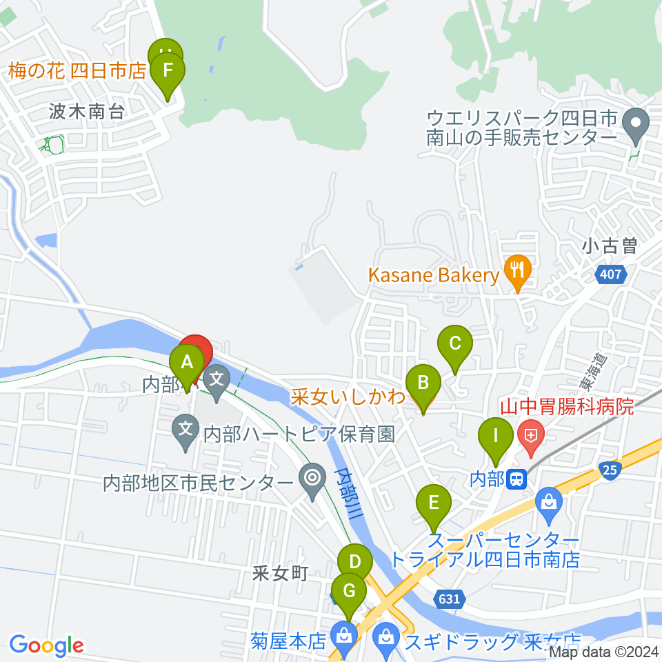 四日市ガリバー周辺のファミレス・ファーストフード一覧地図