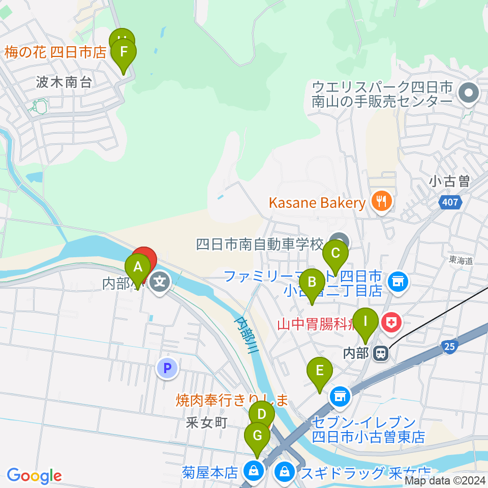 四日市ガリバー周辺のファミレス・ファーストフード一覧地図