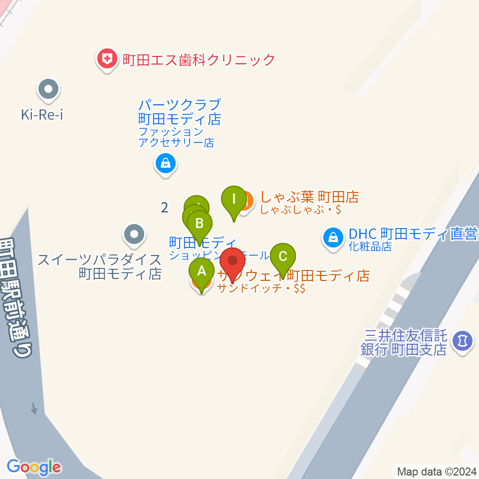 タワーレコード町田店周辺のファミレス・ファーストフード一覧地図