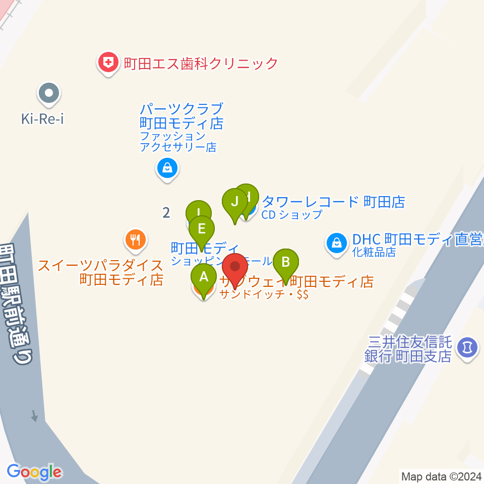 タワーレコード町田店周辺のファミレス・ファーストフード一覧地図