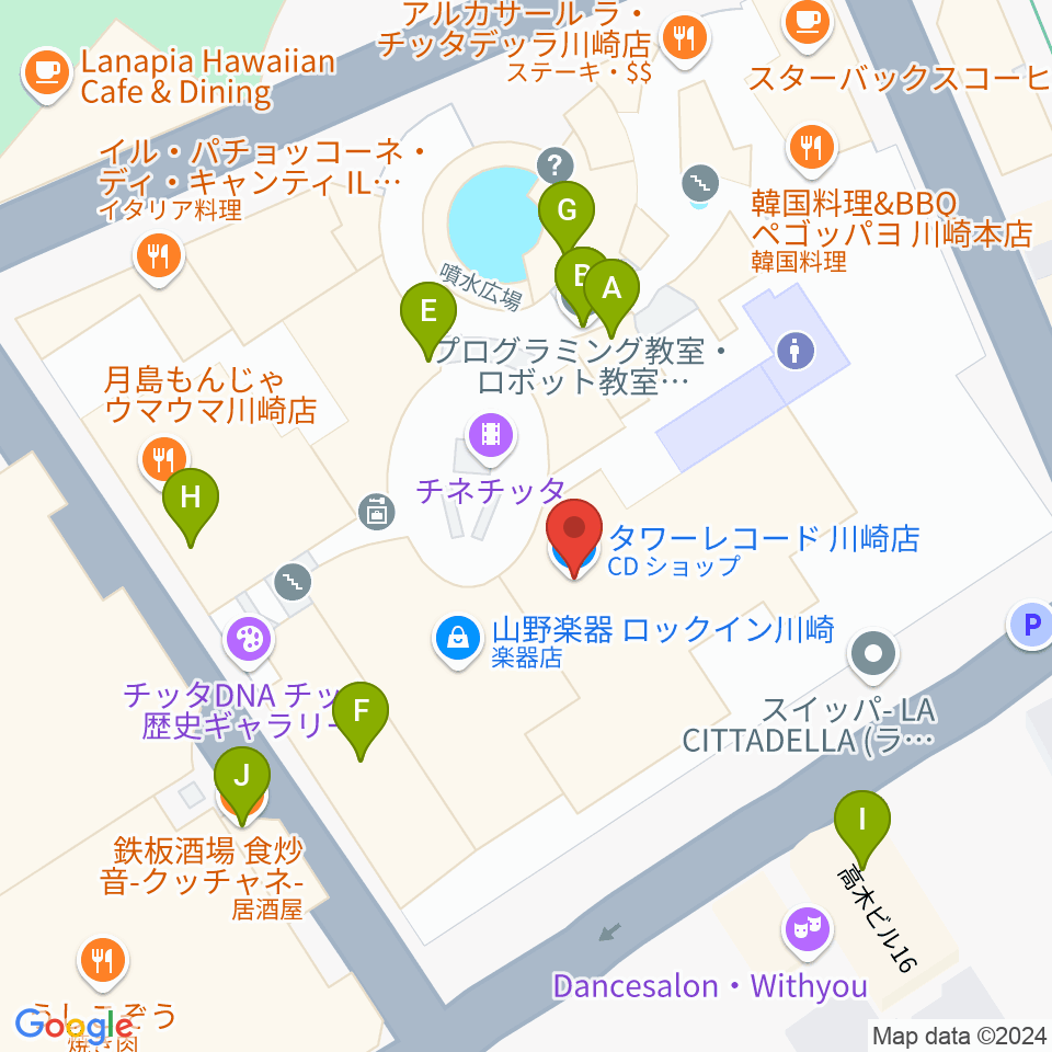 タワーレコード川崎店周辺のファミレス・ファーストフード一覧地図