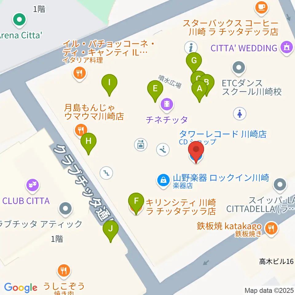 タワーレコード川崎店周辺のファミレス・ファーストフード一覧地図