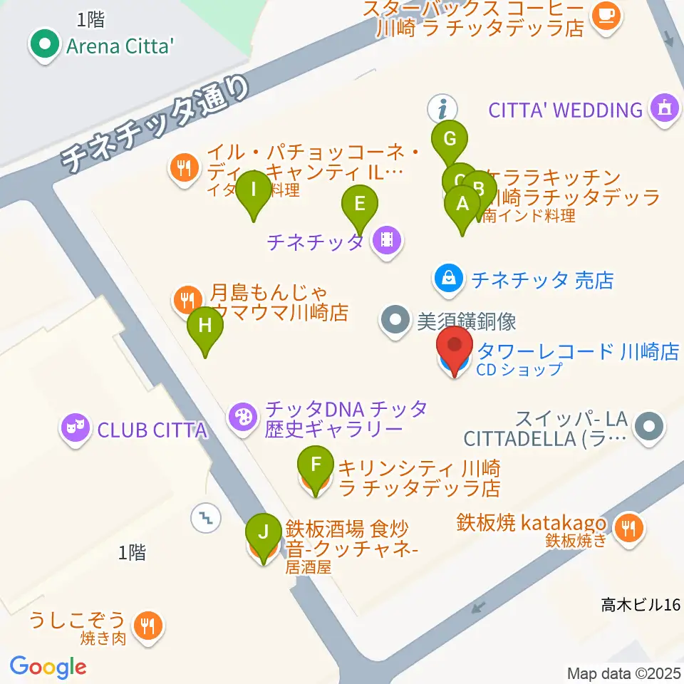タワーレコード川崎店周辺のファミレス・ファーストフード一覧地図