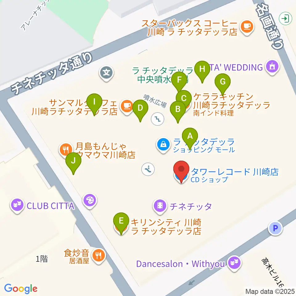 タワーレコード川崎店周辺のファミレス・ファーストフード一覧地図