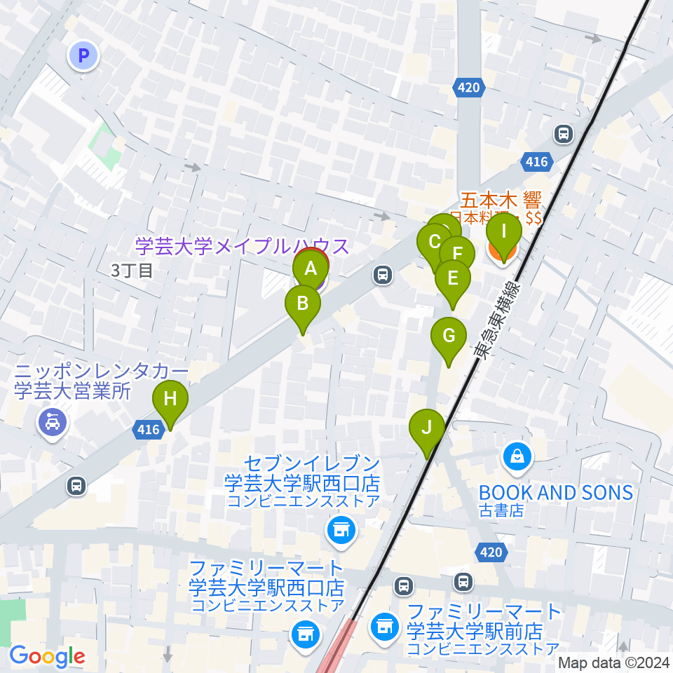 学芸大学メイプルハウス周辺のファミレス・ファーストフード一覧地図