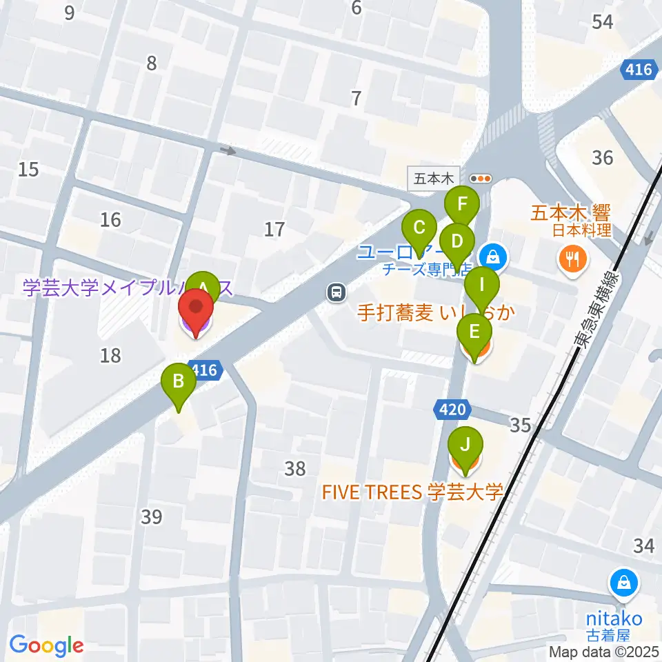学芸大学メイプルハウス周辺のファミレス・ファーストフード一覧地図