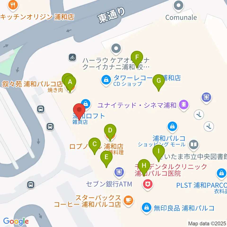 タワーレコード 浦和店周辺のファミレス・ファーストフード一覧地図