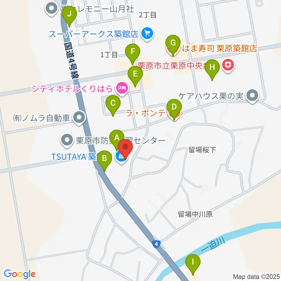 TSUTAYA 築館店周辺のファミレス・ファーストフード一覧地図
