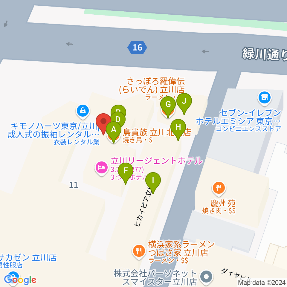 ジェシー・ジェイムス立川店周辺のファミレス・ファーストフード一覧地図