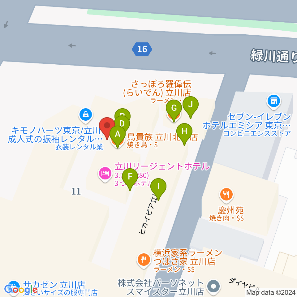 ジェシー・ジェイムス立川店周辺のファミレス・ファーストフード一覧地図