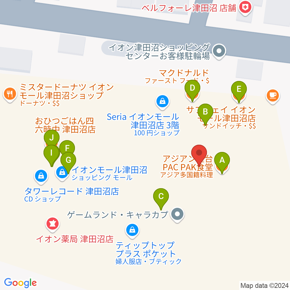 タワーレコード 津田沼店周辺のファミレス・ファーストフード一覧地図