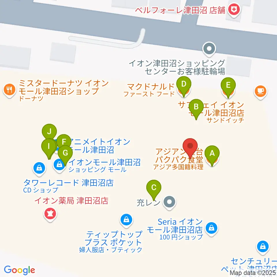 タワーレコード 津田沼店周辺のファミレス・ファーストフード一覧地図