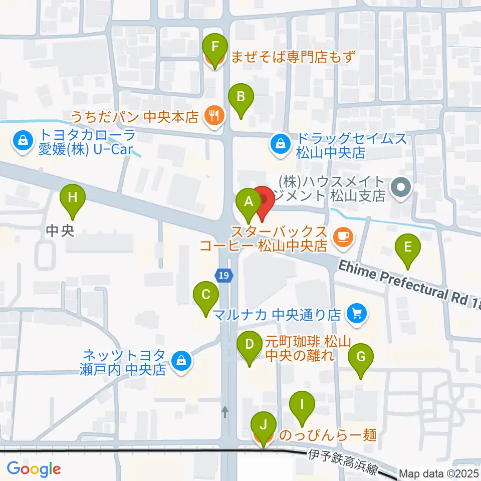 松山TSUTAYA中央店周辺のファミレス・ファーストフード一覧地図