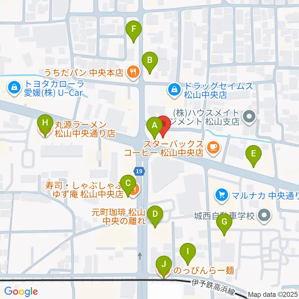 松山TSUTAYA中央店周辺のファミレス・ファーストフード一覧地図
