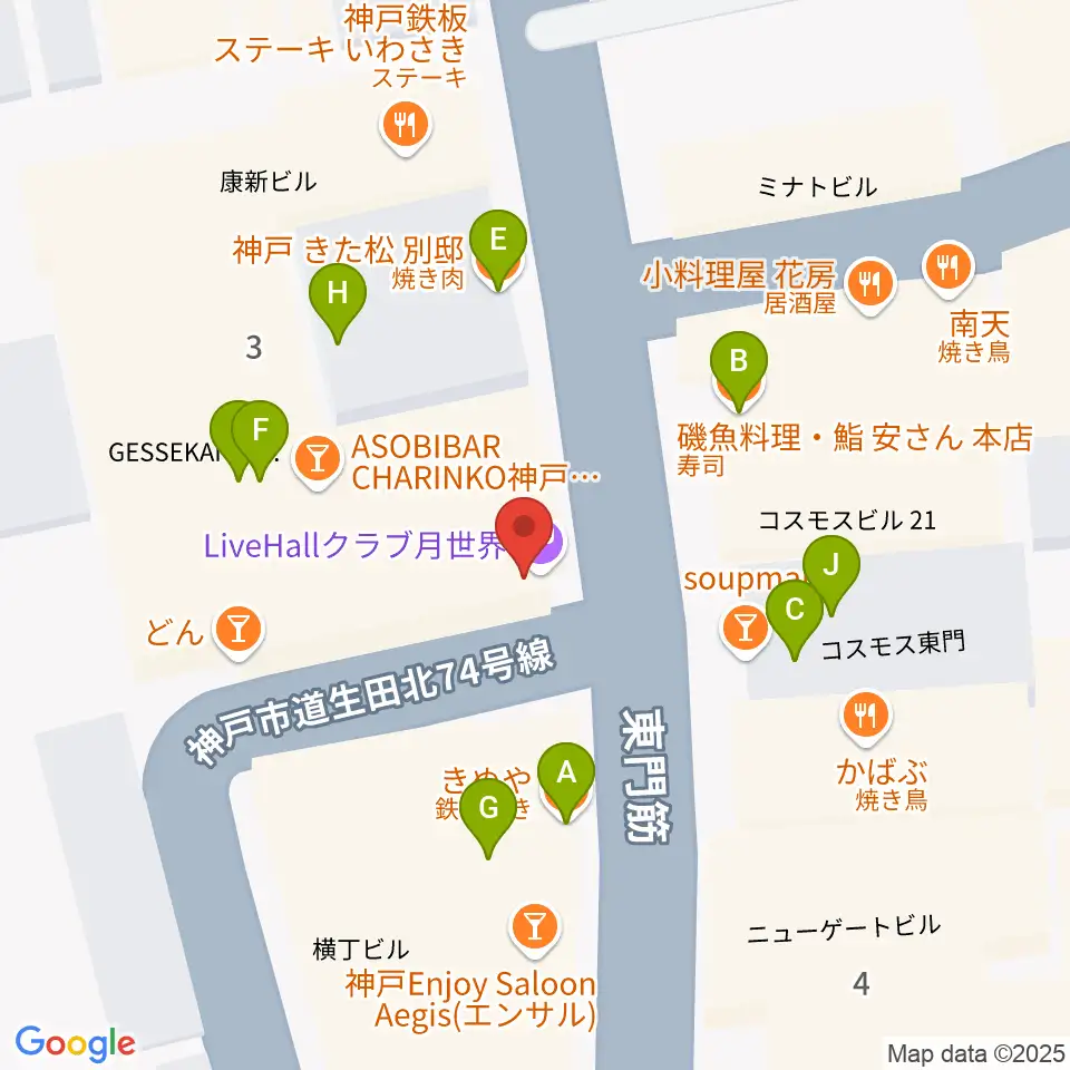 クラブ月世界周辺のファミレス・ファーストフード一覧地図