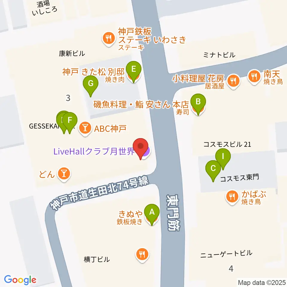 クラブ月世界周辺のファミレス・ファーストフード一覧地図