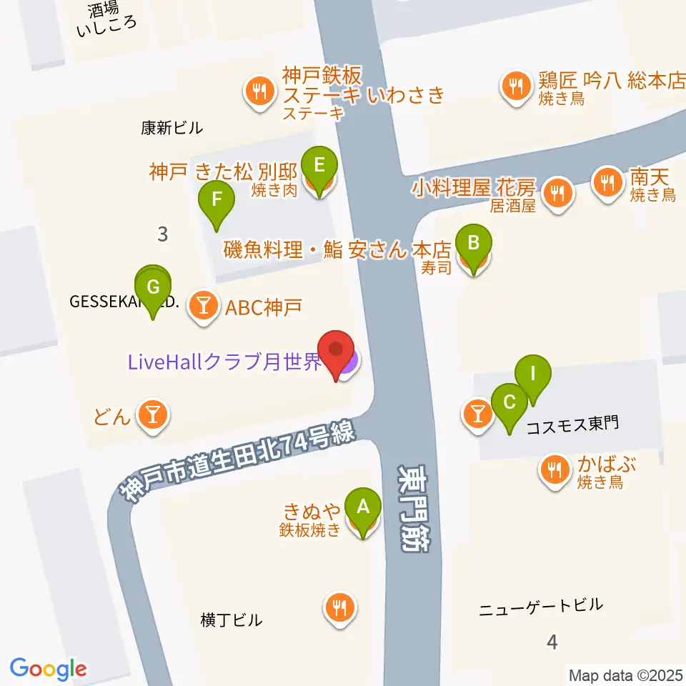 クラブ月世界周辺のファミレス・ファーストフード一覧地図