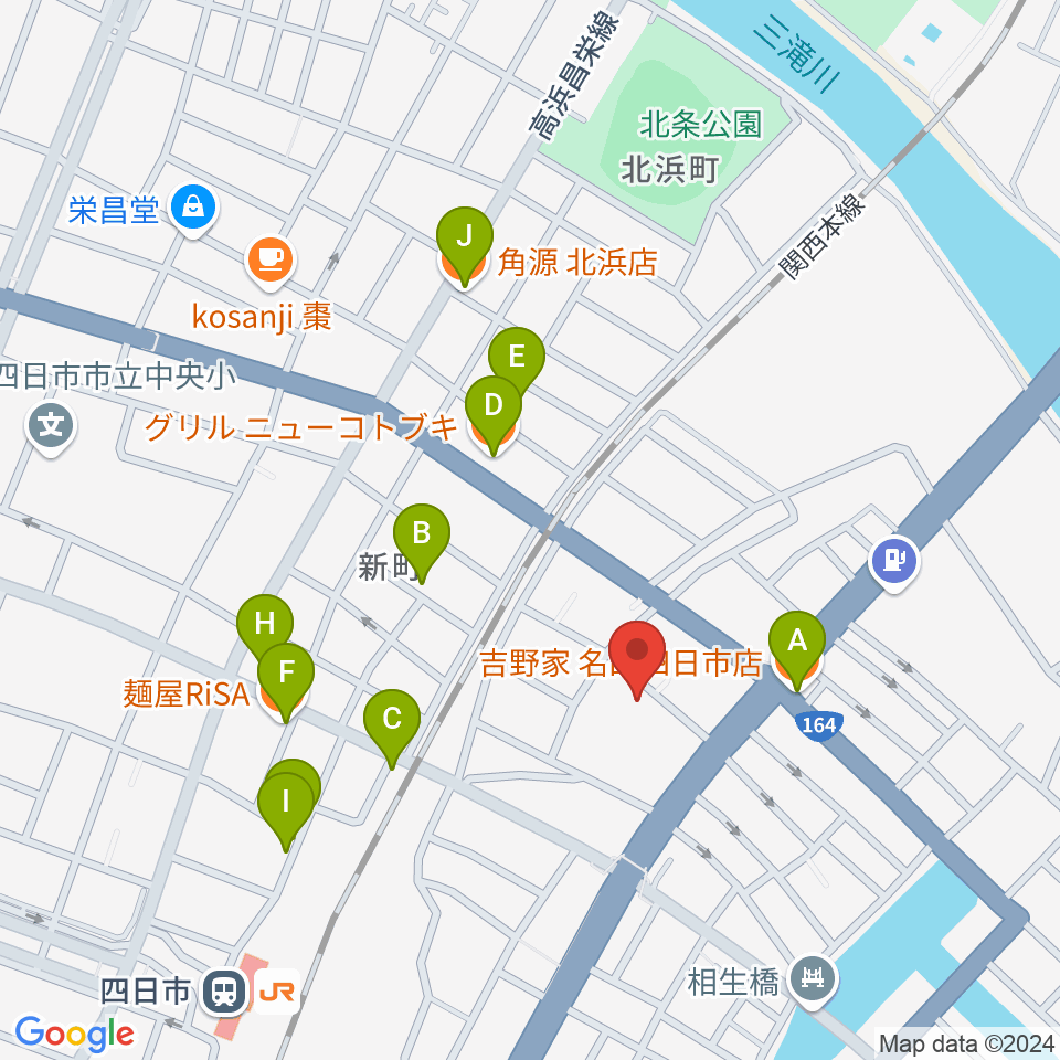 四日市市なやプラザ周辺のファミレス・ファーストフード一覧地図