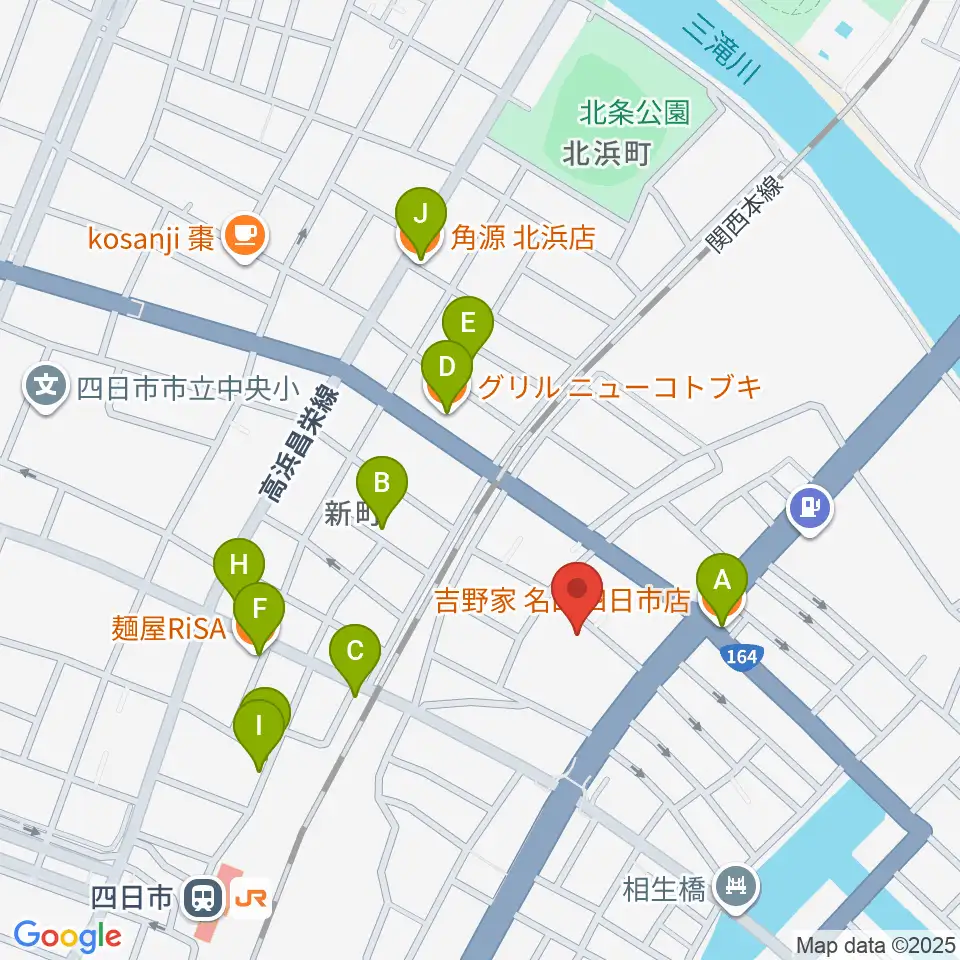 四日市市なやプラザ周辺のファミレス・ファーストフード一覧地図