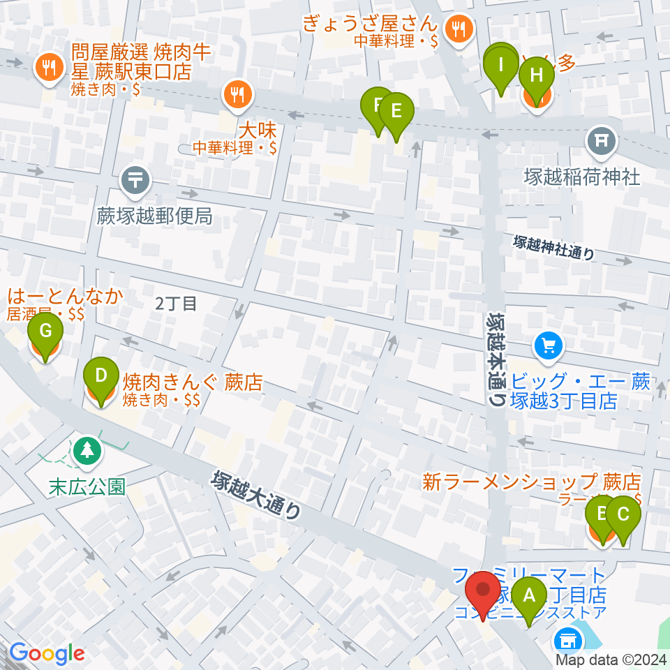 天沢バイオリン工房周辺のファミレス・ファーストフード一覧地図