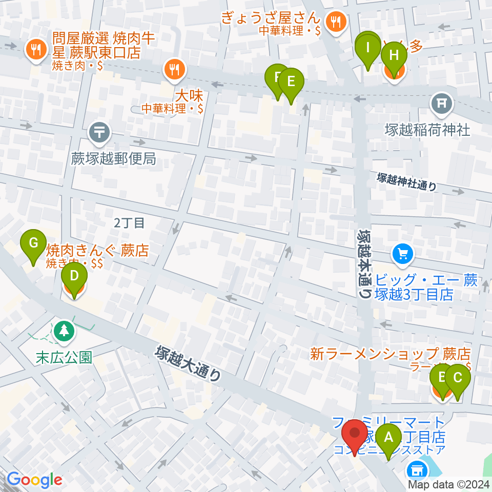 天沢バイオリン工房周辺のファミレス・ファーストフード一覧地図