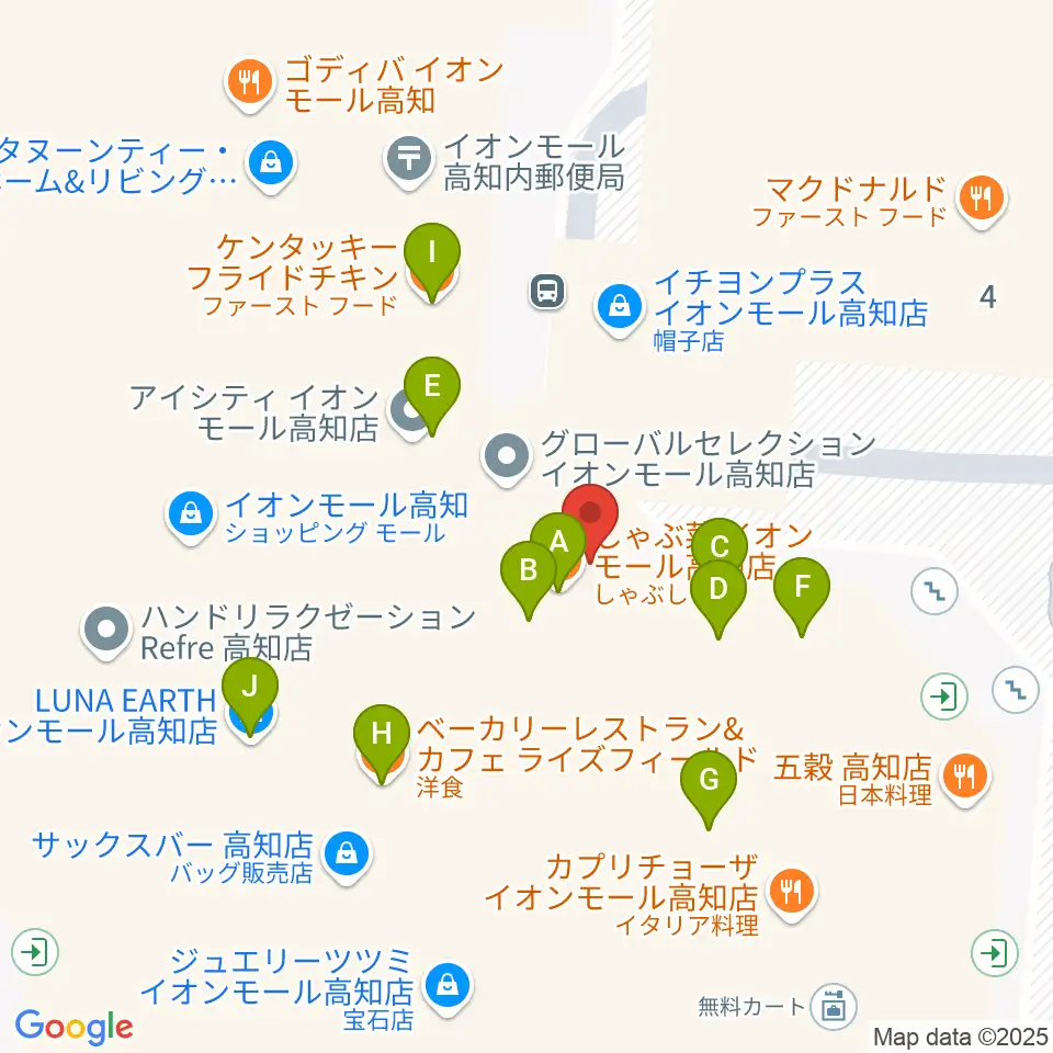HMVイオンモール高知周辺のファミレス・ファーストフード一覧地図