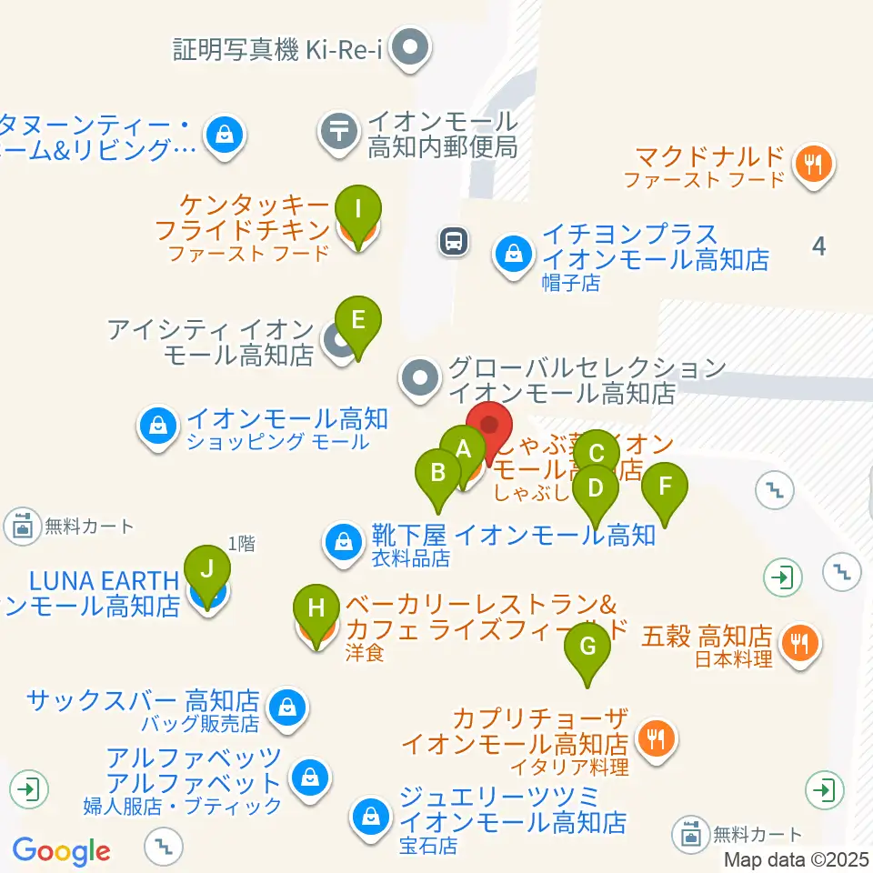 HMVイオンモール高知周辺のファミレス・ファーストフード一覧地図