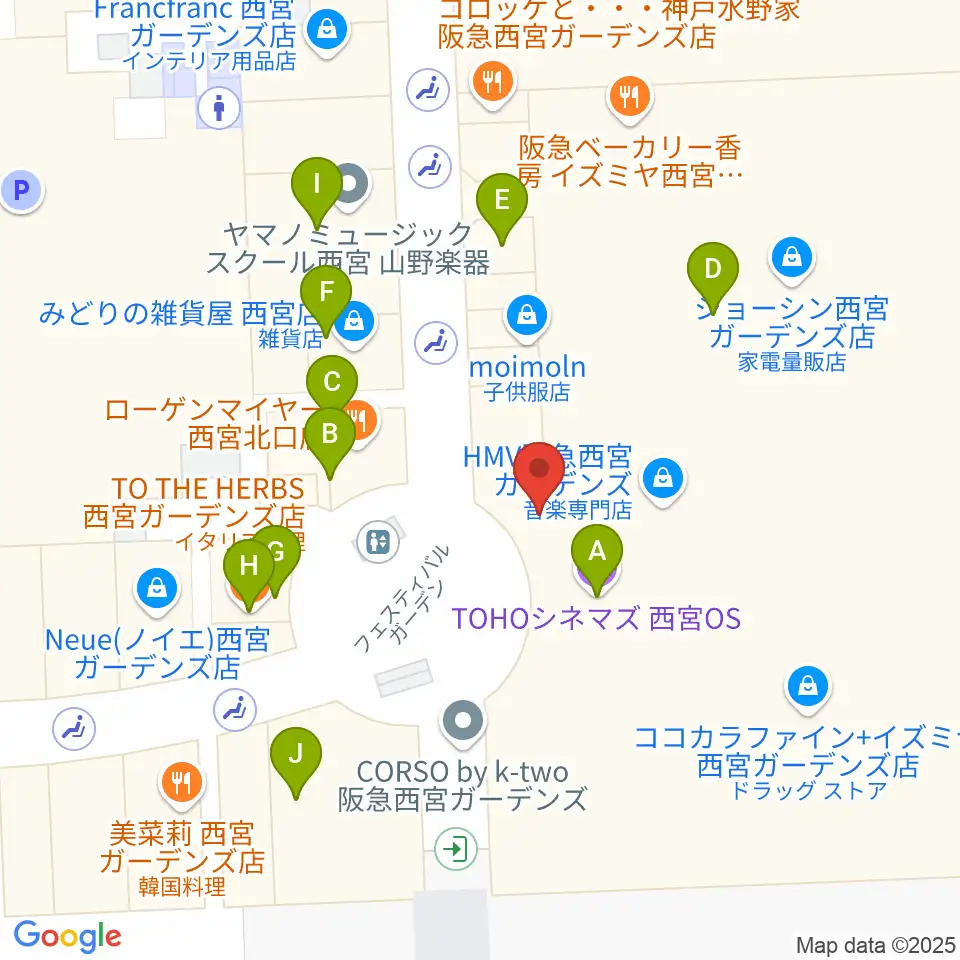 HMV阪急西宮ガーデンズ周辺のファミレス・ファーストフード一覧地図