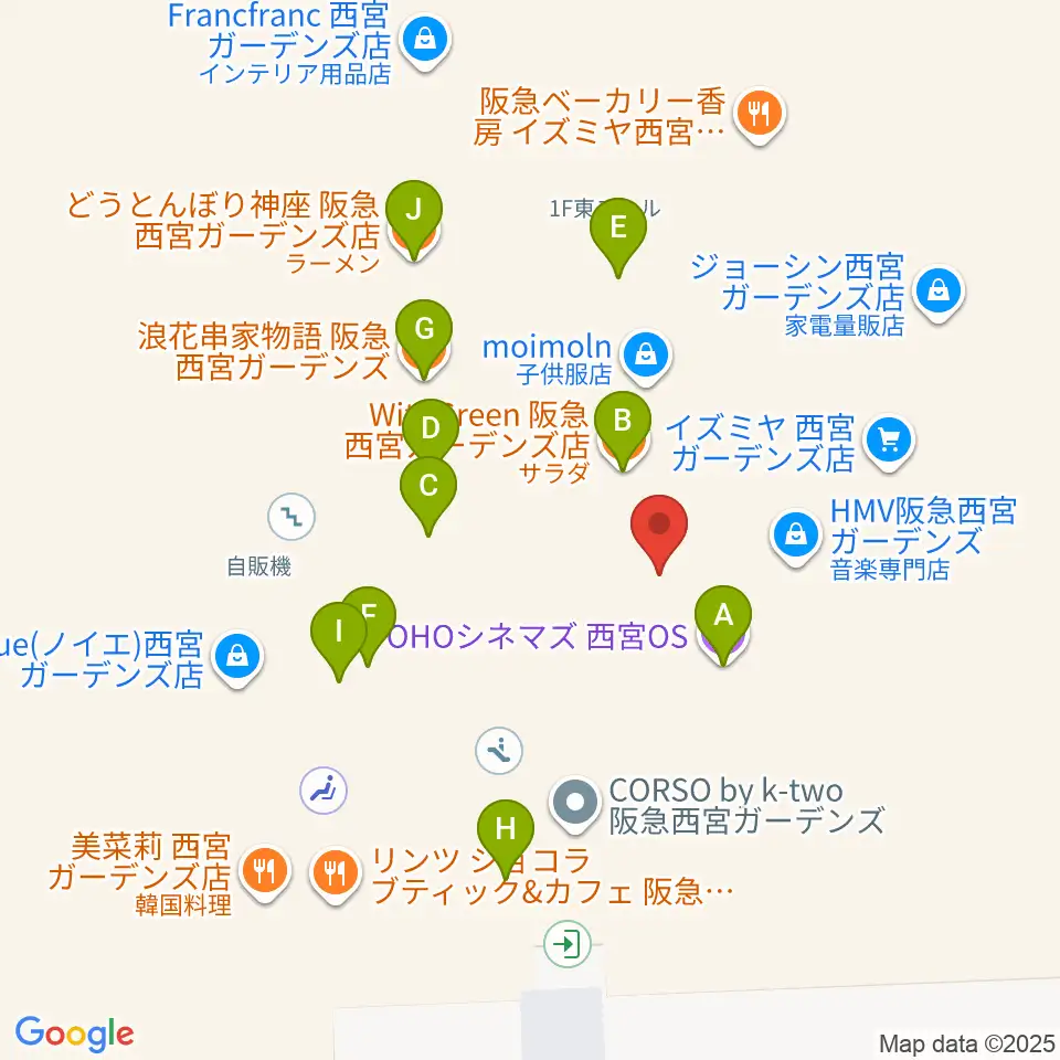 HMV阪急西宮ガーデンズ周辺のファミレス・ファーストフード一覧地図