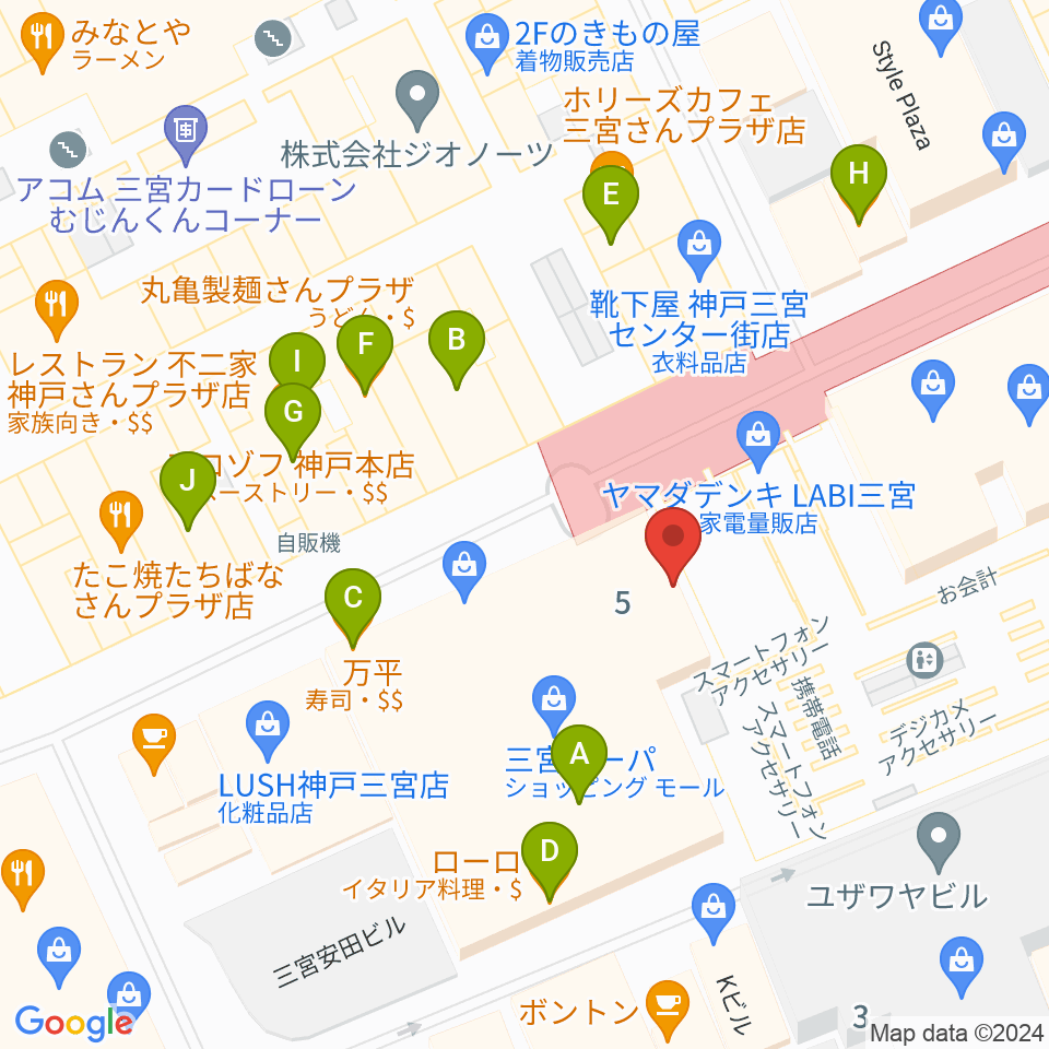 HMV三宮オーパ周辺のファミレス・ファーストフード一覧地図