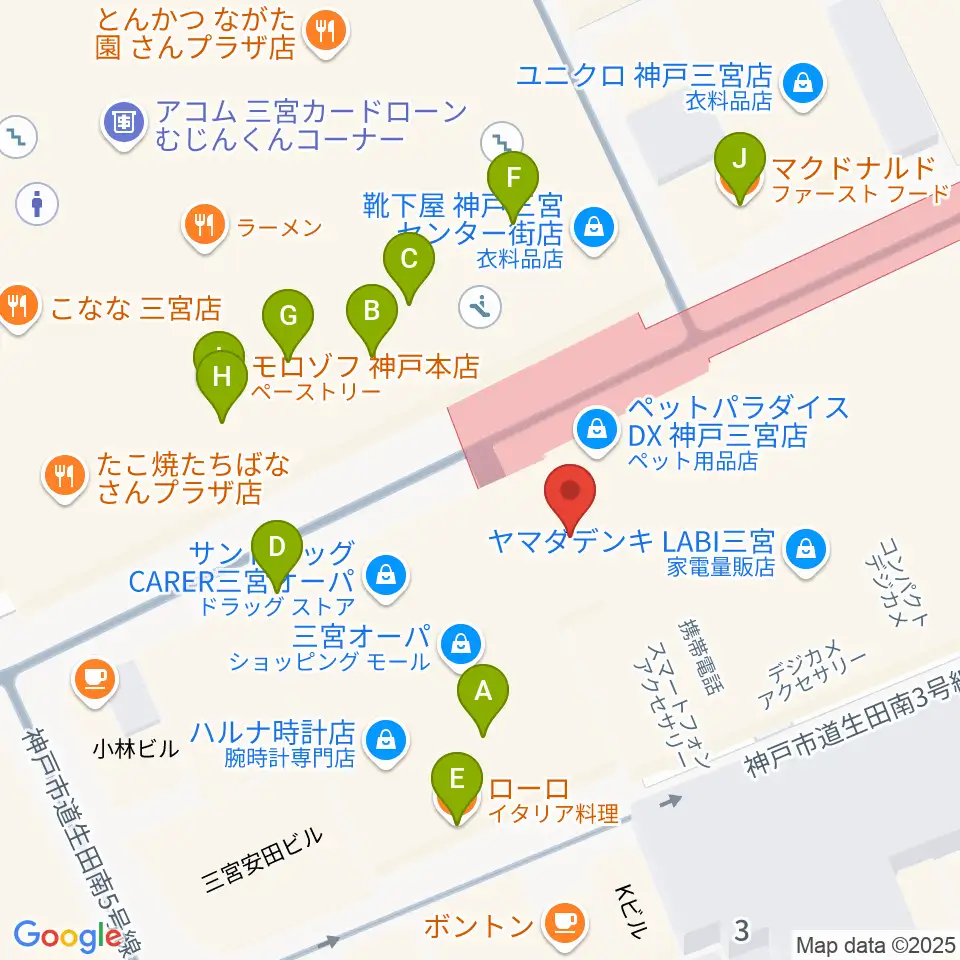 HMV三宮オーパ周辺のファミレス・ファーストフード一覧地図