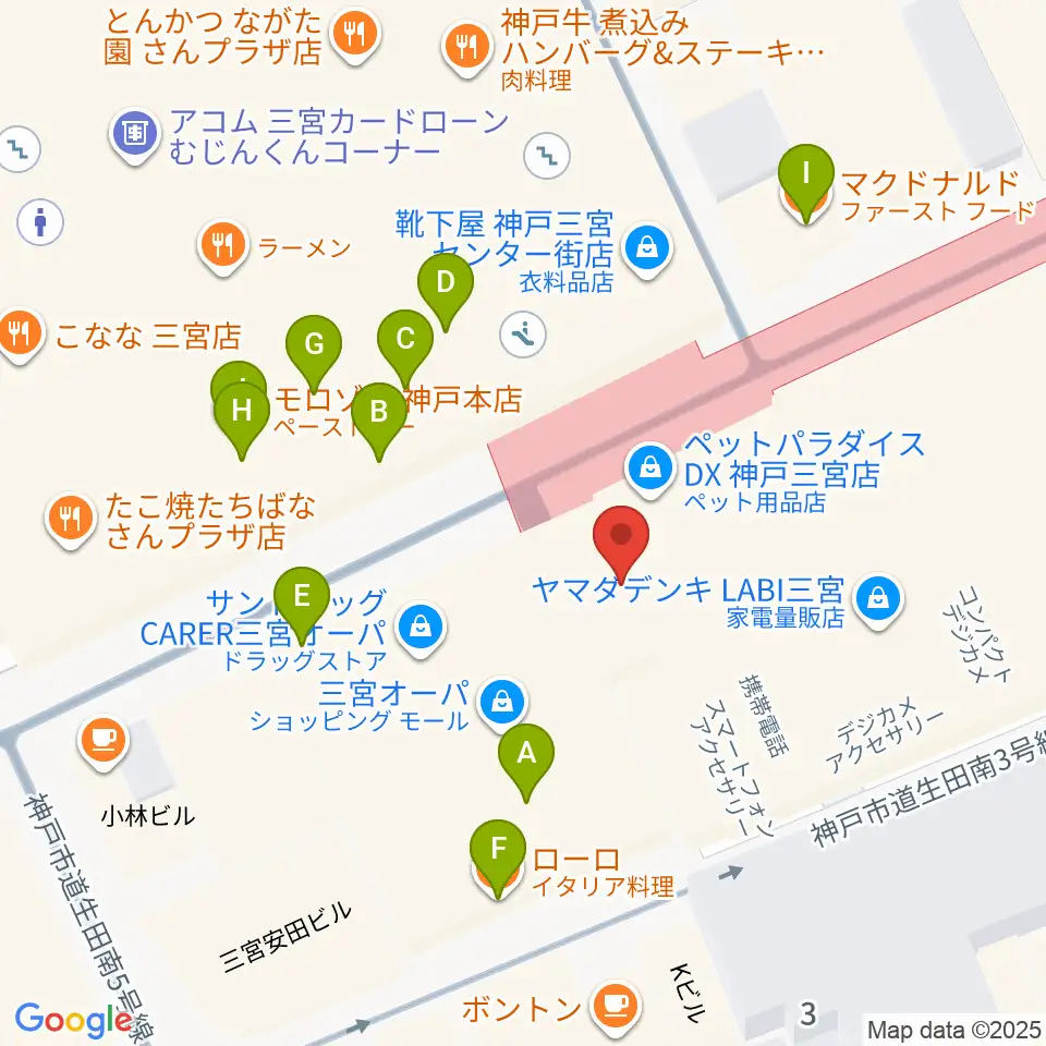 HMV三宮オーパ周辺のファミレス・ファーストフード一覧地図