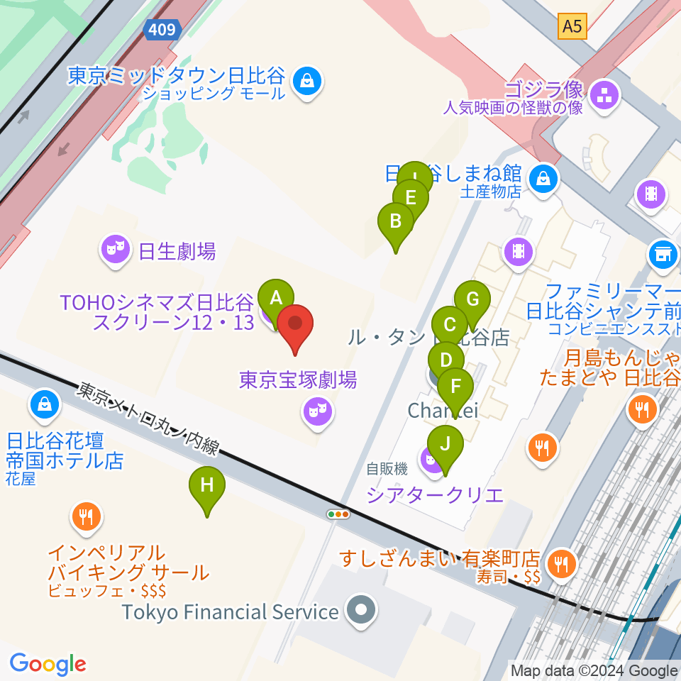 東京宝塚劇場周辺のファミレス・ファーストフード一覧地図