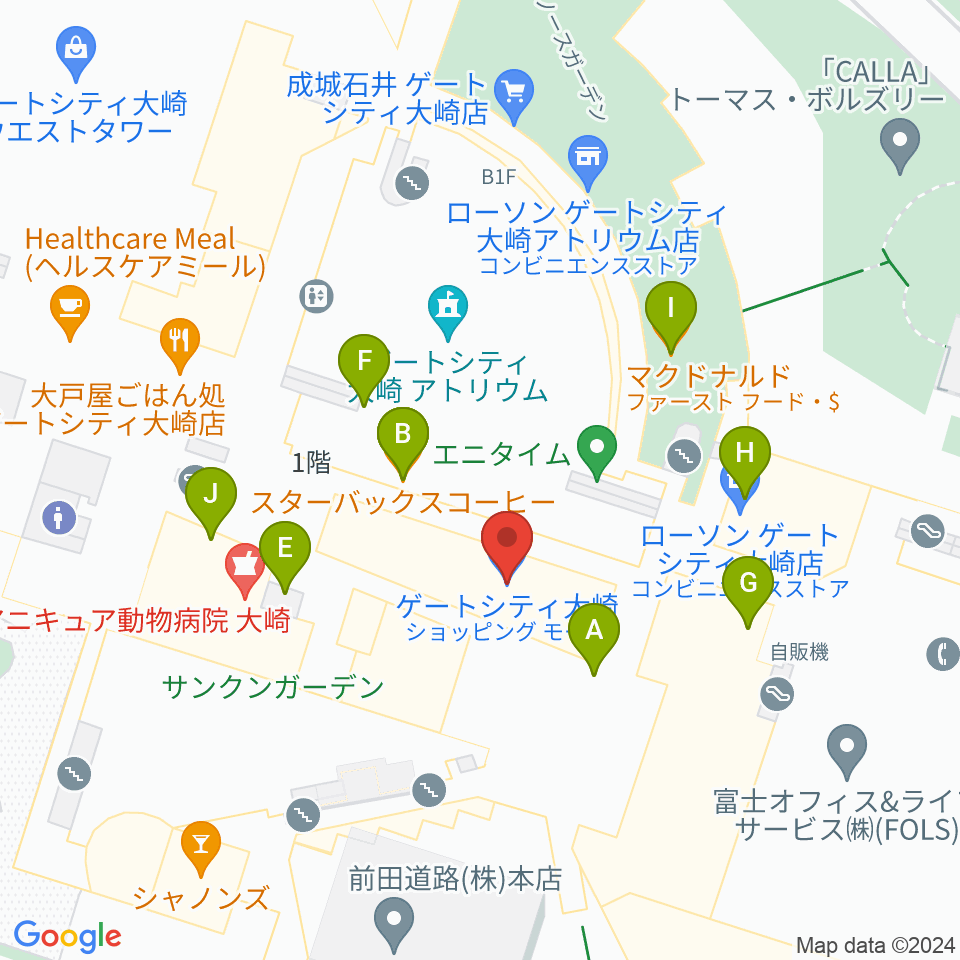 ゲートシティホール＆ルーム周辺のファミレス・ファーストフード一覧地図