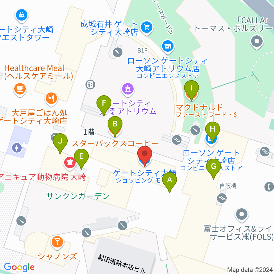 ゲートシティホール＆ルーム周辺のファミレス・ファーストフード一覧地図