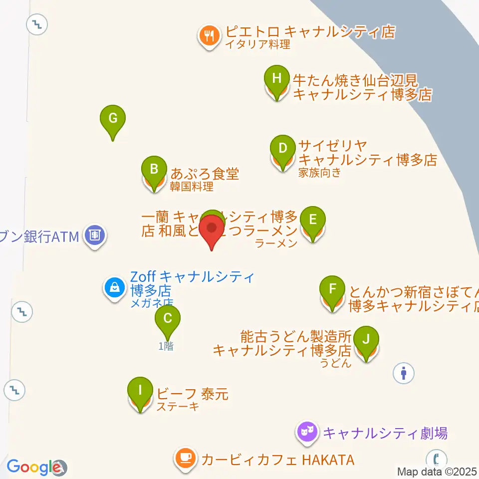 キャナルシティ劇場周辺のファミレス・ファーストフード一覧地図