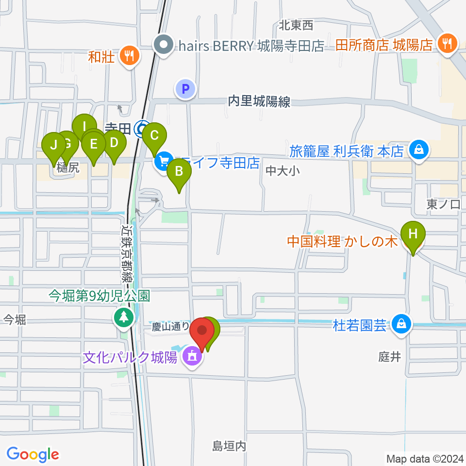 文化パルク城陽周辺のファミレス・ファーストフード一覧地図